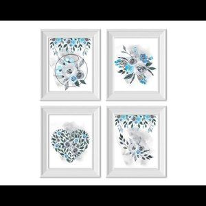 Watercolor Eternity Floral Blue Flowers Wall Art Prints Set of 4 8.5x11 Unframed